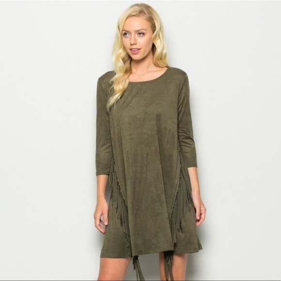 Annabelle Dresses & Skirts - Annabelle boho 3/4 sleeve olive fringe dress (S).
